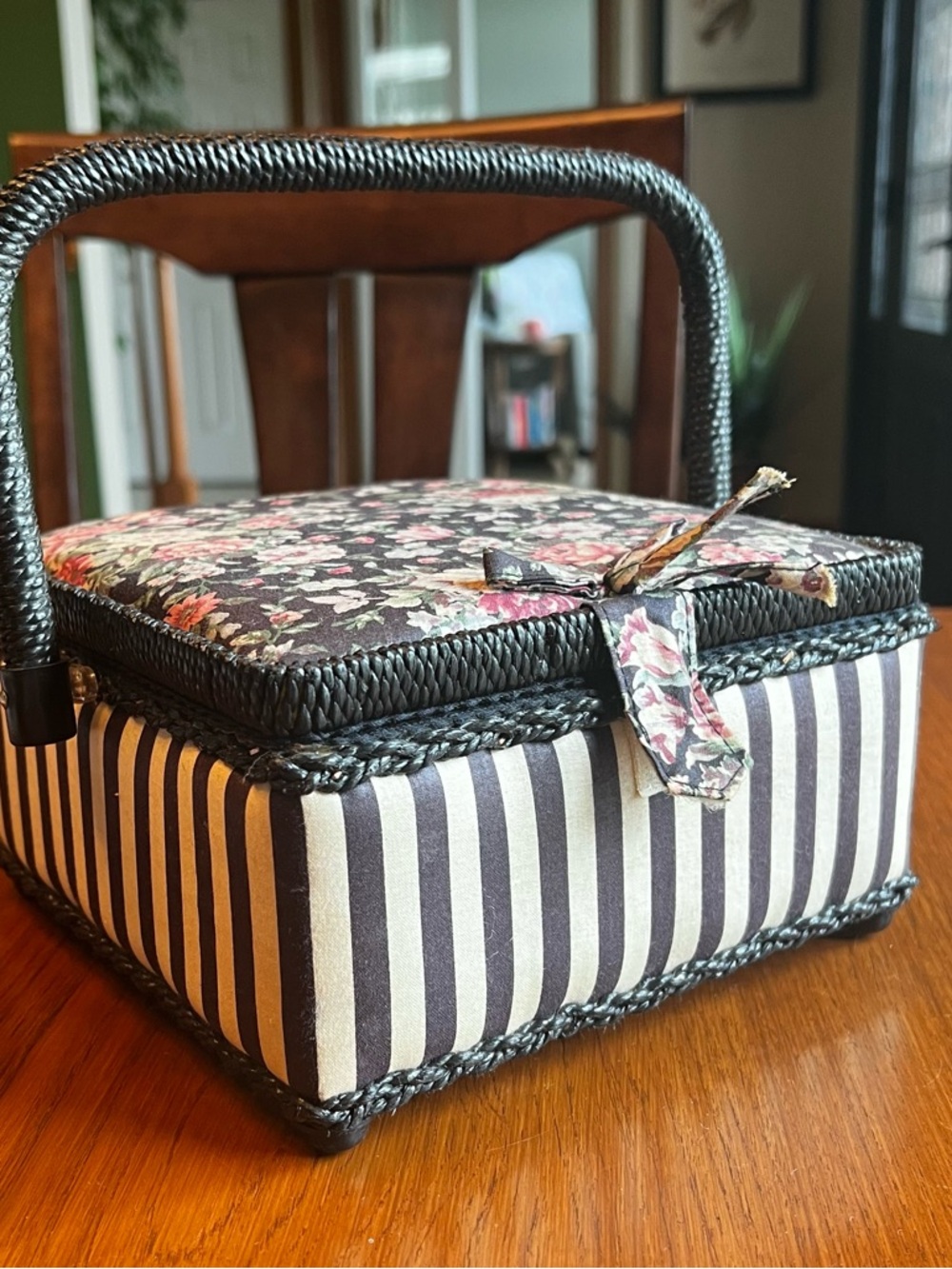 Striped & Floral Sewing Basket with Woven Handle